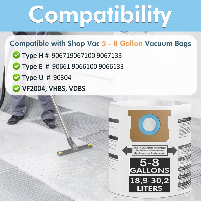 Yonice 15 Pack 5-8 Gallon Vacuum Bags, Compatible with Shop Vac 5-8 Gallon Wet/Dry Vacuum; Type E 90661, 9066133; Type H 90671, 9067133; VF2004, VHBS, VDBS; Disposable Collection Filter Bag - Image 2